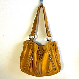 SOLD B. Makowsky Mustard Yellow Leather Drawstring Hobo Shoulder Bag